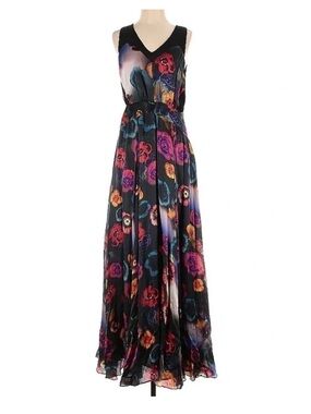 leifsdottir Black Maxi Dress with Multicolor Floral Print size 2 100%silk dress